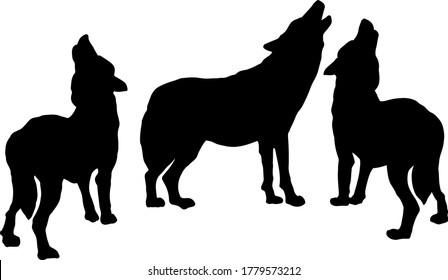 Silhouette Of A Pack Of Wolf Howling Into The Sky. Vector Illustration.