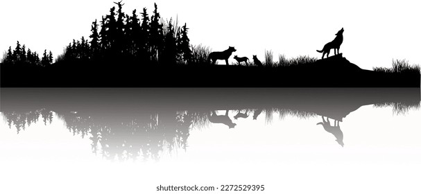 Silhouette of pack of wolves with forest and meadow - landscape, nature