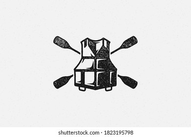 Silhouette of paddles crossed behind life vest as logo of boating hand drawn stamp effect vector illustration. Vintage grunge texture on old paper for poster or label decoration.