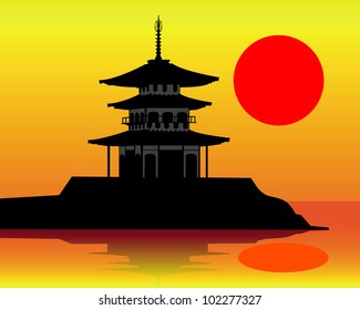 silhouette of a pagoda on an orange background