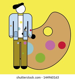 silhouette paintbrushes painter of beret black background with circles large palette of paint.