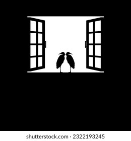 Silhouette of the Pair Black Heron on the Window. Vector Illustration