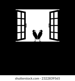 Silhouette of the Pair Black Heron on the Window. Vector Illustration