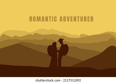 Silhouette of a pair of climbers standing from the top of a hill against the backdrop of mountains. romantic concept