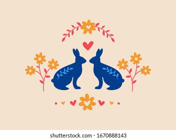 Silhouette of pair of easter bunnies on pink background. Blue rabbits in vintage floral frame. Flat, cartoon, scandinavian, retro style, stock vector illustration 