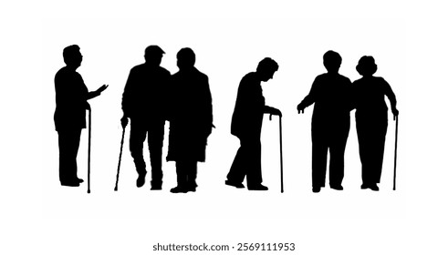 silhouette of a pair of grandparents walking with the help of their cane