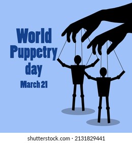 Silhouette of a pair of hands playing with puppetry with bold texts, World Puppetry Day March 21