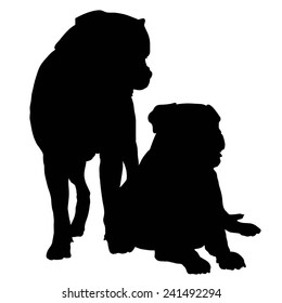 Silhouette of a pair of large dogs such as a Rotweiller, Bull Mastif or Bulldog