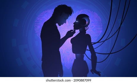 Silhouette Of A Pair Of Man And Robot Woman Us Against The Background Of Blue Light And Heart. Cyber Love Concept