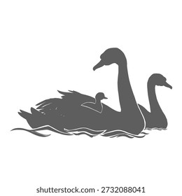 Silueta de un par de cisnes y sus polluelos en un lago