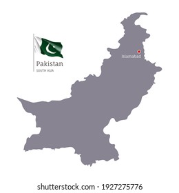 Silhouette of Pakistan country map. Gray editable map of Pakistan with waving national flag and Islamabad city capital, East Asia country territory borders vector illustration on white background