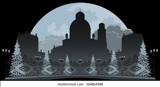 Silhouette of palace in a park on a background an ascending moon. Decorative elements, patterned fence, street lanterns.