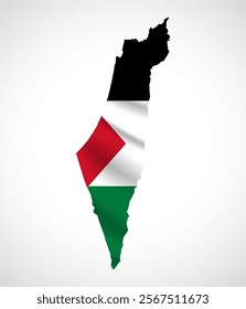 Silhouette of Palestine map filled with the Palestinian flag design, symbolizing national pride, cultural heritage, and geographic identity.  
