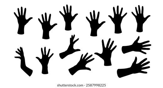 Silhouette of palm in gloves, black silhouette on transparent background, vector set of hands