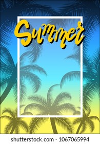 silhouette palm leaves with frame on summer background for Summer party lettering on beach with  - vector illustration