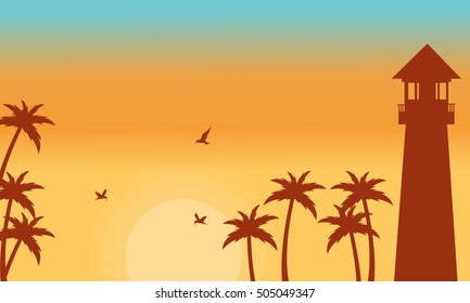 Silhouette of palm and lighthouse vector illustration