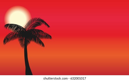 Silhouette of palm and sun background. Design for poster or banner. Vector illustration.