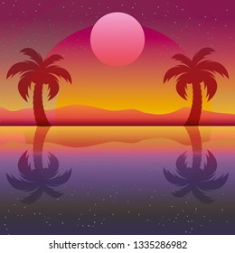 Silhouette of palm with sun seaside vector illustration