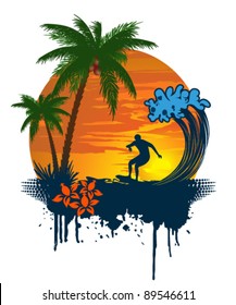 Silhouette of palm and surfer on tropical sunset