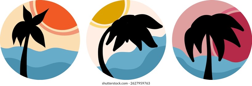 Silhouette of a palm tree against the background of the sun and the sea in a circle