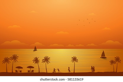 Silhouette palm tree with family and couple in flat icon design under sunset sky background (vector)