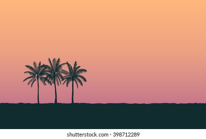 Silhouette palm tree in flat icon design at sunset with vintage filter background (vector)