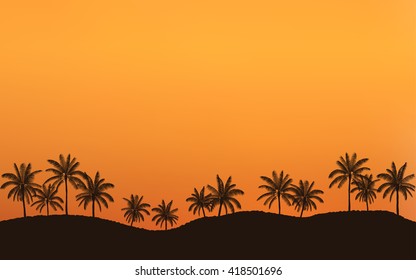 Silhouette palm tree in flat icon design on hill at sunset with vintage filter background (vector)