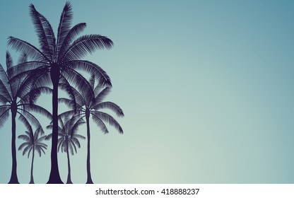 Silhouette palm tree in flat icon design with vintage filter background (vector)