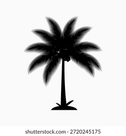 Una silueta de una palmera con sus frondas extendidas sobre un fondo blanco. El árbol tiene un solo tronco y un grupo de cocos visibles.