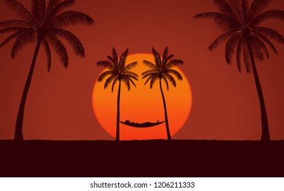 Silhouette palm tree with hammock on beach and big sunset in red sky background