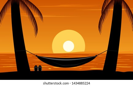 Silhouette Palm Tree Hammock On Beach Stock Vector (Royalty Free ...