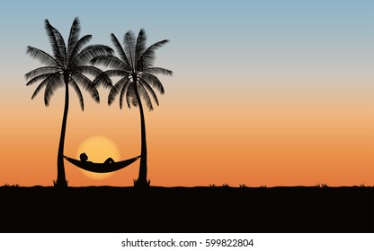 Silhouette palm tree with hammock on beach under sunset sky background (vector)