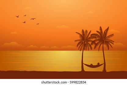 Silhouette palm tree with hammock on beach under sunset sky background (vector)