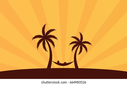 Silhouette palm tree with hammock on beach and sunshine ray background