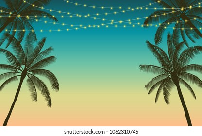 Silhouette palm tree and Hanging decorative party lights in flat icon design with vintage color background