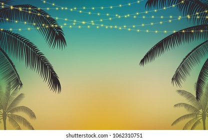 Silhouette Palm Tree And Hanging Decorative Party Lights In Flat Icon Design With Vintage Color Background