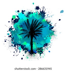 Silhouette of a palm tree with ink spots. Vector