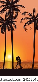 Silhouette of palm tree and lover kissing at seaside with sunset background vector illustration. Sweetheart's honeymoon concept flat design vertical shape.