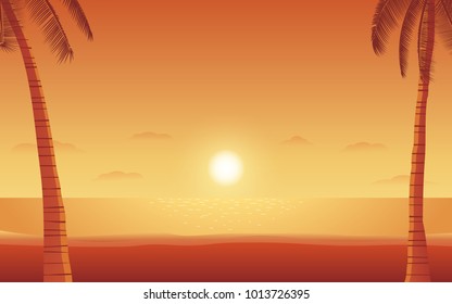 Silhouette palm tree on beach under sunset sky background