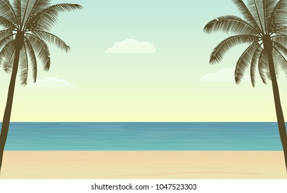 Silhouette palm tree on beach Landscape in flat icon design and blue color sky background