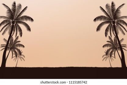 Silhouette palm tree on beach and sunset sky with vintage filter background