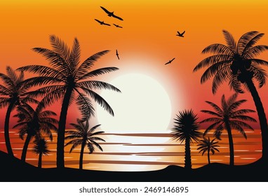 Silhouette of palm tree on beach. Sun with reflection in water and seagulls. Sunset in tropical place. Vector illustration