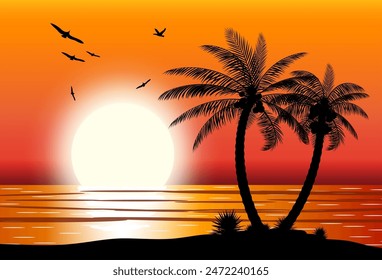 Silhouette der Palme am Strand. Sonne mit Reflexion im Wasser und Möwen. Sonnenuntergang in tropischem Ort. Vektorillustration