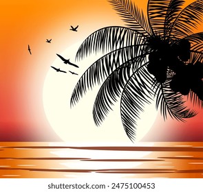 Silhouette of palm tree on beach. Sun with reflection in water and seagulls. Sunset in tropical place. Vector illustration