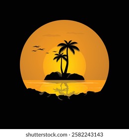 Silhouette of a palm tree on a beach during sunset with ocean and sky in the background, capturing a tropical paradise vibe