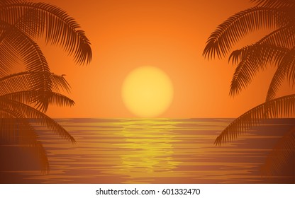 Silhouette palm tree on beach under sunset sky background (vector)