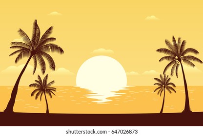 Silhouette palm tree on beach in flat icon design under sunset sky background (vector)