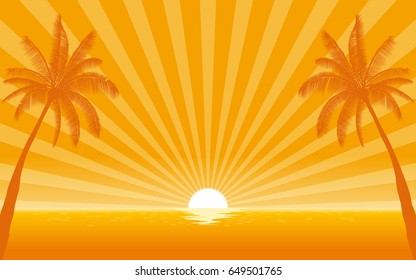 Silhouette palm tree on beach in flat icon design with sunshine ray background