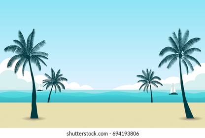 Silhouette palm tree on beach at noon with blue color sky in flat icon design background