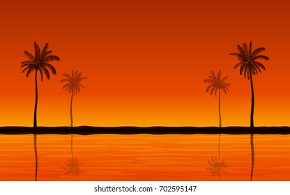 Silhouette palm tree on beach and reflection under sunset sky background